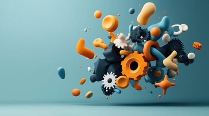 Fototapeta premium Abstract composition of floating colorful geometric shapes and gears on a blue background