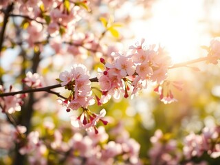Obraz premium Branches of blooming cherry blossoms against a warm sunlight, sunny spot, spring growth, flowering tree