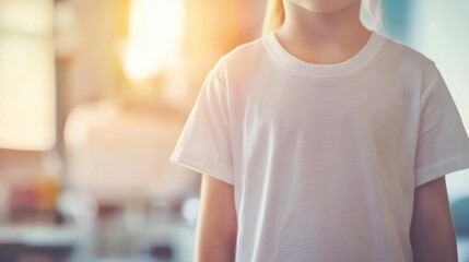 Child in a plain white t-shirt, standing at a doctor's appointment with a softly blurred medical setting in the background, conveying a calm atmosphere.