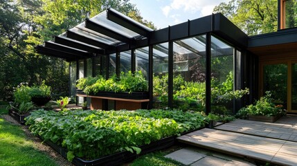Obraz premium Modern greenhouse showcasing a hydroponic system flourishing with vibrant green lettuce and diverse vegetables amidst a lush garden setting.