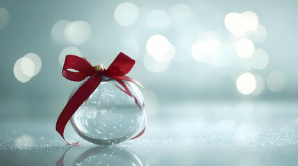 A clear glass Christmas ball with a red ribbon sits on a sparkly surface against a bokeh background.