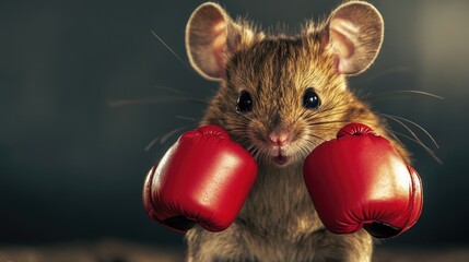 Charming mouse striking a boxing pose with oversized red gloves, showcasing its playful and determined expression against a moody background.