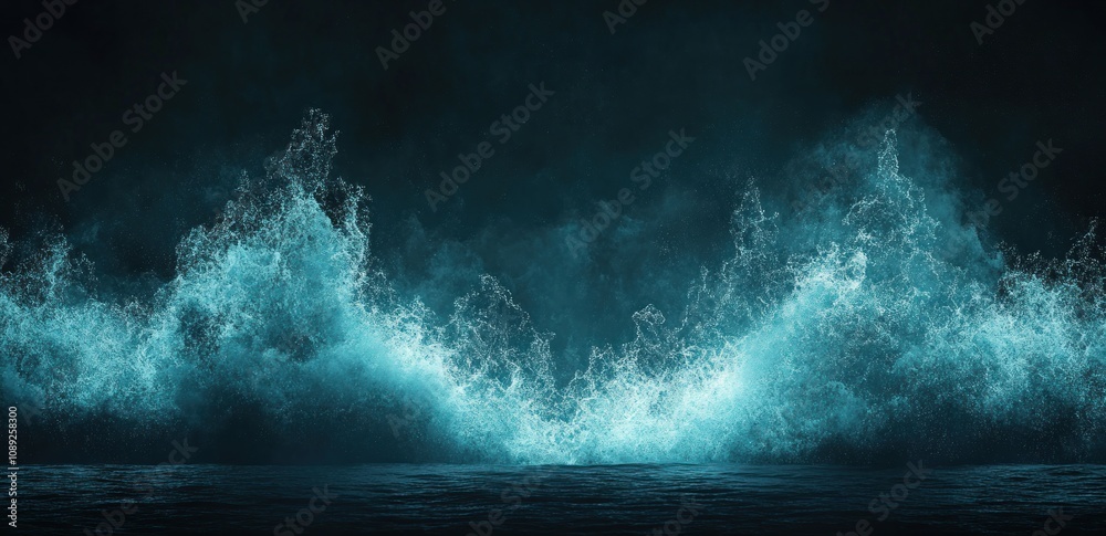 Poster a dynamic representation of crashing ocean waves in shades of blue and dark tones.