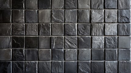 Naklejka premium Textured black and grey stone tile pattern ideal for wall or floor applications featuring a grid of square tiles with a natural finish.