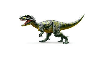 Obraz premium A detailed studio shot of a realistic Tyrannosaurus Rex dinosaur toy, showcasing its texture and pose against a stark white background.