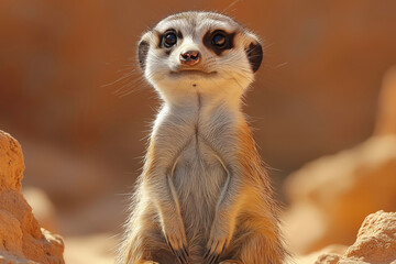 Fototapeta premium A stunning close-up of a meerkat showcasing its curious gaze and intricate fur details. Perfect for wall art, prints, or unique merchandise that celebrates nature’s charm.