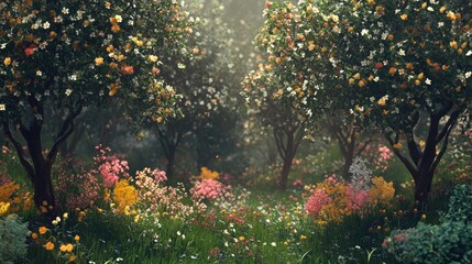 Obraz premium A serene grove of blooming trees surrounded by vibrant flowers in lush greenery, creating a tranquil natural landscape.