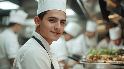 Young male chef demonstrating culinary skills in a bustling kitchen, smiling confidently while preparing innovative dishes surrounded by fellow chefs.