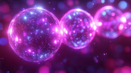 Glowing orbs, pink purple neon lights, abstract background.