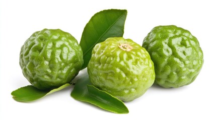 Obraz premium Bergamot fruits with textured green skin and fresh leaves displayed on a clean white background.