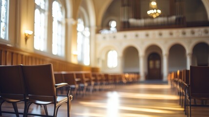 Community meeting in a historic venue showcasing softly blurred intricate architecture with wooden chairs arranged in sunlight and space for text.