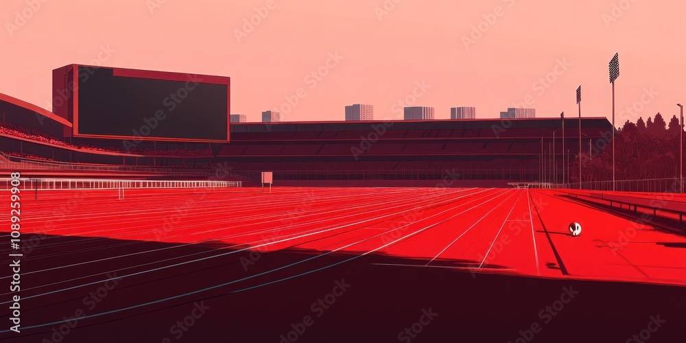 Poster a stylized view of a sports stadium with a red hue, emphasizing the track and field area.