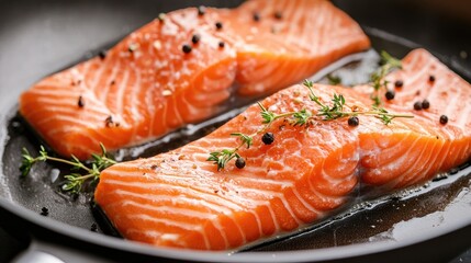 Female chef expertly seasons fresh salmon fillets in a frying pan, garnished with herbs and spices, showcasing culinary skill and seafood preparation artistry.