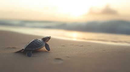 Sea turtle hatchling journeying across sandy beach towards the ocean at sunrise, capturing a moment of determination and natural beauty.