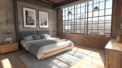 Modern minimalistic loft bedroom with queen size bed, large factory windows, concrete walls, wooden accents, and stylish decor for a cozy atmosphere.