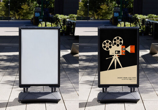 Signboard A-frame on a Sunny Sidewalk in New York. PSD Mockup Template