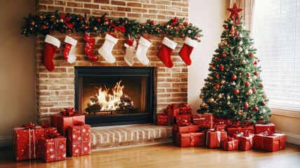 Fototapeta premium A cozy holiday scene featuring a decorated Christmas tree, festive stockings, a fireplace, and neatly wrapped gifts on the floor.