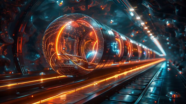 A futuristic hyperloop station with bioluminescent trains and holographic route maps promoting high-speed travel 