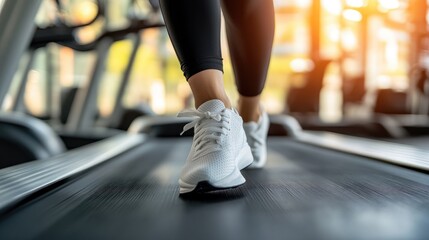 Fototapeta premium Young woman's legs in black leggings and white sneakers, running on a treadmill in a bright fitness environment, showcasing an active and healthy lifestyle.