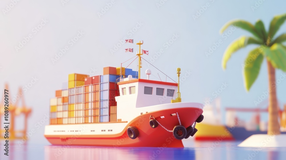 Poster a colorful cargo ship with containers docked near palm trees and cranes.
