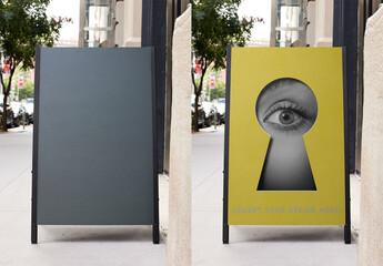 
A-frame Sign Placed on a New York City Sidewalk, Inviting Pedestrians to Explore Local Establishments. . PSD Mockup Template