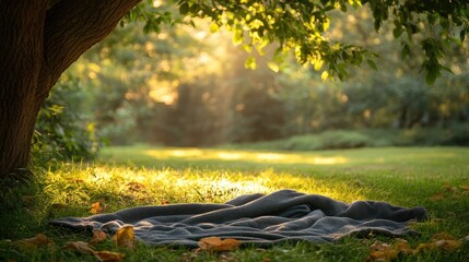 Naklejka premium Cozy blanket laid on a grassy area under a tree, illuminated by soft sunlight filtering through the leaves, creating a serene outdoor setting.