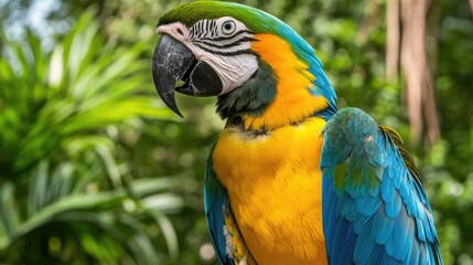 Obraz premium Vibrant close-up of a colorful macaw parrot showcasing intricate feathers amidst lush tropical greenery highlighting its striking beauty.