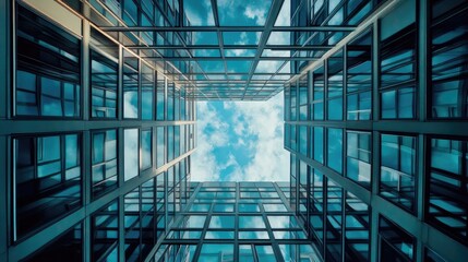 Architectural Symmetry of Modern Glass Buildings Reflecting the Sky Above with a Clear Blue Backdrop