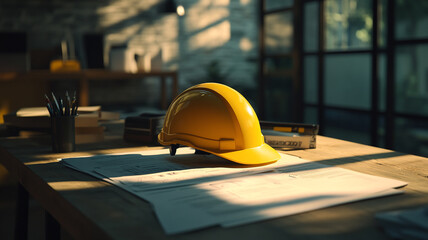 Construction helmet and plans on a table during afternoon light in a work environment