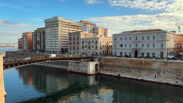Overview of the Bridge of San Francesco di Paola, commonly called Ponte Girevole (swing bridge) in Taranto, Puglia, Italy