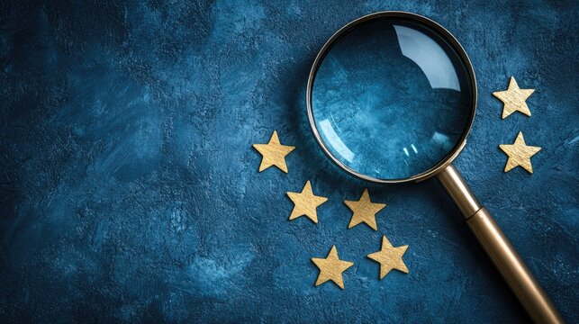 Magnifying glass on a blue textured background with five golden stars, representing customer satisfaction and positive ratings through feedback surveys.