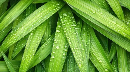 Fototapeta premium Close-up of vibrant green leaves with glistening water droplets set against a lush plant background, providing ample empty space for overlay text.