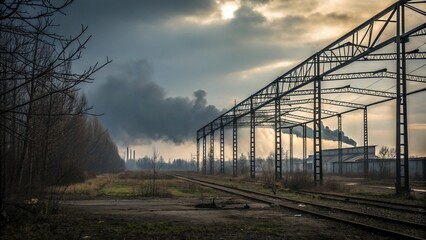 Fototapeta premium Dark metallic landscape with twisted metal beams and a polluted sky, industrial decay, barren, gritty, rugged, decayed