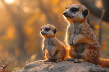 Fototapeta premium A stunning close-up of a meerkat showcasing its curious gaze and intricate fur details. Perfect for wall art, prints, or unique merchandise that celebrates nature’s charm.