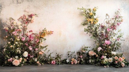 Elegant floral photography backdrop with delicate blooms arranged along a vintage textured wall, perfect for maternity and wedding photoshoots.