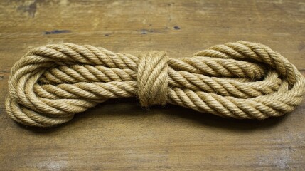 Fototapeta premium Coarse jute rope elegantly arranged in a bow shape on a rustic, textured wooden surface, showcasing its natural fibers and craftsmanship.