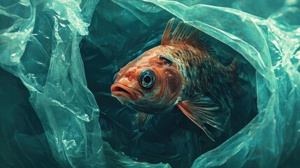 A distressed fish struggling inside a clear plastic bag, symbolizing the critical impact of ocean pollution on marine life.
