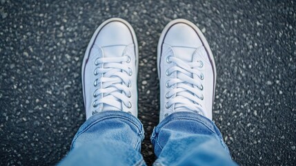 Close-up view of feet wearing denim jeans and stylish white sneakers on an asphalt surface, showcasing the footwear's details and casual style.