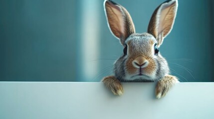 Obraz premium Charming Rabbit Peering Over White Banner with Ample Space for Custom Text