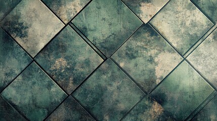 Vintage dark green textured tiles with worn diamond lozenge motifs resembling aged marble and cement for unique wall backgrounds and panoramic designs.
