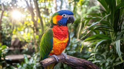 Naklejka premium Exotic parrot with vibrant plumage perched on a branch, surrounded by lush greenery and soft sunlight filtering through the forest.