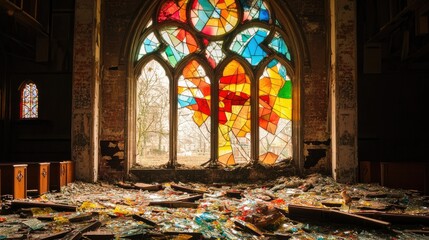 Obraz premium Shattered stained glass window in an abandoned church, vibrant colors contrasting with debris-strewn floor and eerie light filtering through.