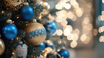 Fototapeta premium Christmas tree decorated with golden and blue ornaments, featuring shimmering bokeh lights in a soft blurred background, creating a festive atmosphere.