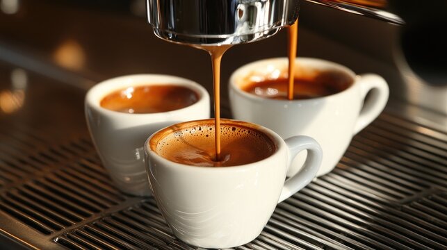 Professional barista pouring rich espresso into white cups at a modern coffee bar, showcasing expert brewing techniques and a polished espresso machine.