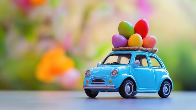 Miniature blue car toy with colorful Easter eggs on the roof, set against a softly blurred floral background, symbolizing festive holiday deliveries.