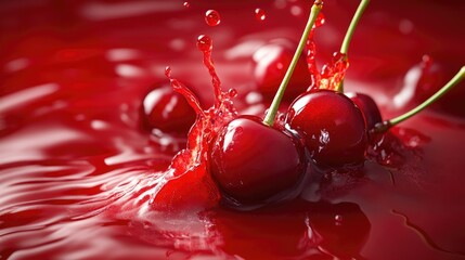 Vibrant splash of red liquid with fresh cherries creating dynamic ripples and droplets against a glossy surface