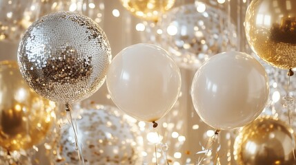 Elegant party scene showcasing white and gold balloons alongside sparkling disco balls and a confetti backdrop, designed for a web banner with generous copy space.
