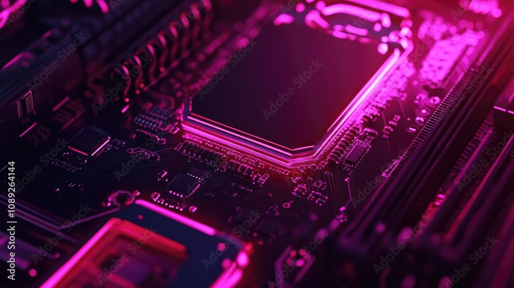 Fototapete close-up view of a processor or graphics card with intricate electronic circuits and glowing neon le