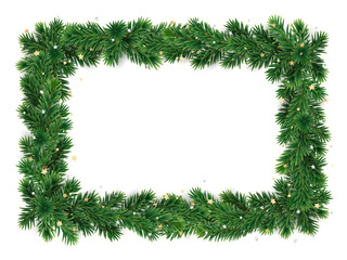 Christmas square wreath with golden confetti. Christmas tree decoration. Holiday fir tree garland. Festive winter season frame, spruce branches. Transparent background in vector file.