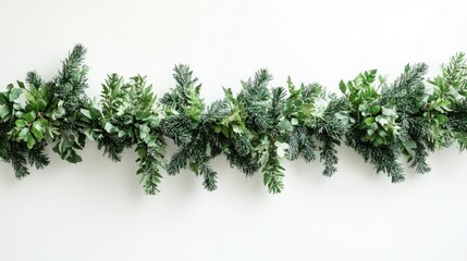 Lush evergreen tree garland with green foliage and snowy accents against a clean white background, perfect for festive decor and holiday charm.